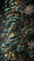 Elegant Christmas tree adorned with golden ornaments and soft lights creating a cozy holiday atmosphere in a dimly lit room photo