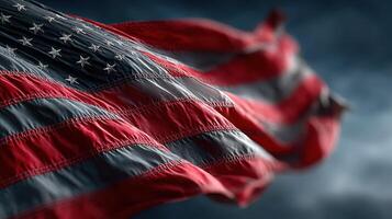 Waving American flag in the wind showcasing stars and stripes against a moody background photo