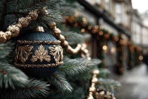 Holiday decorations adorn a street adorned with twinkling lights and elegant ornaments during the festive season photo