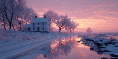 Winter sunset paints the sky in soft pastels over a tranquil snowy landscape with a charming cottage photo