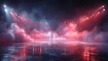 Dynamic red and blue lighting creates an immersive atmosphere in an empty arena during evening hours photo