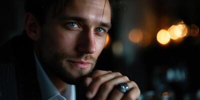 Close-up portrait of a man with blue eyes in dim lighting showcasing his thoughtful expression and stylish attire photo
