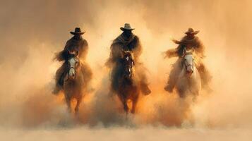 Riders traverse a dusty landscape during sunset, creating a dramatic scene with swirling clouds of dust photo