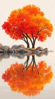 Vibrant orange tree reflecting on calm water during autumn in a serene natural landscape photo