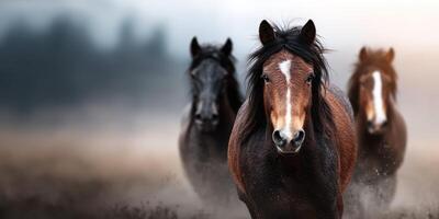 Herd of horses galloping through a misty landscape at dawn in a rural setting photo