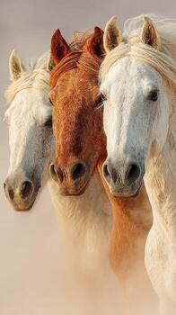 majestuoso caballos en pie juntos en un sereno paisaje durante dorado hora ligero en un abierto campo foto