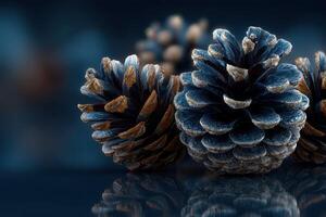 Beautifully detailed close-up of pine cones with a striking blue background highlighting their natural texture and colors photo
