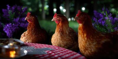 Chickens gather around a picnic table in a garden setting during a summer evening social photo