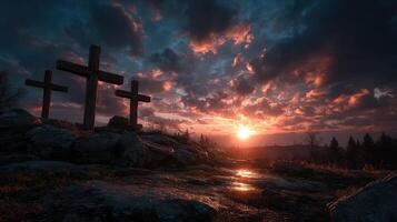 Sunset scene with wooden crosses on rocky terrain surrounded by trees in serene landscape setting during twilight hours photo