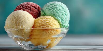 Colorful ice cream scoops served in a glass bowl create a refreshing dessert experience during summer afternoons photo