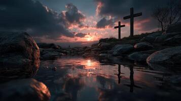 Reflection of sunset on water with crosses amidst rocks in a serene landscape photo