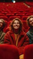 Friends enjoying a movie together in a cozy theater with vibrant red seating and an inviting atmosphere photo