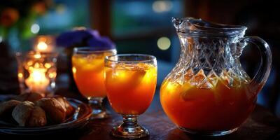 Refreshing summer beverage served with snacks during an evening gathering at a cozy home setting photo