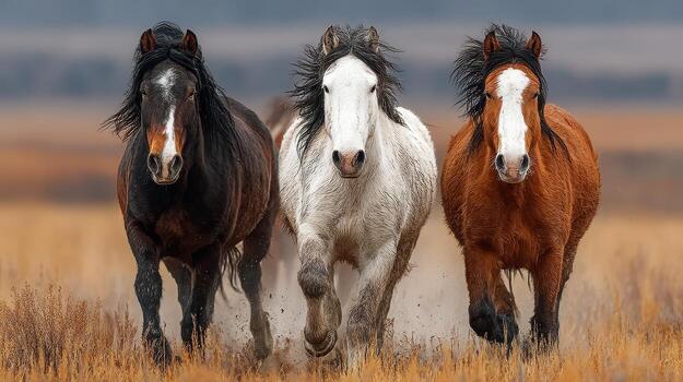 Majestic horses running through golden grasslands during a bright afternoon in an open field photo