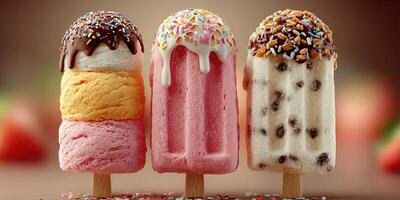 Colorful ice cream popsicles displayed on wooden sticks in a delightful arrangement showcasing different flavors and toppings photo