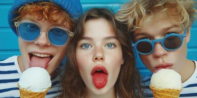 Three friends enjoying ice cream cones while posing playfully in front of a colorful background on a sunny day photo