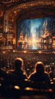 Dark theater filled with audience watching a magical winter scene on stage with illuminated buildings and falling snowflakes photo