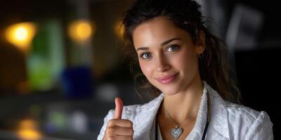 Young woman gives a thumbs-up gesture in a cozy indoor setting during evening hours photo