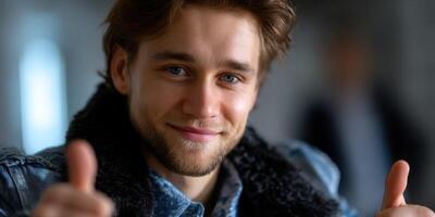 Young man smiling and giving thumbs up in a casual setting filled with soft lighting photo