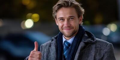 Smiling man in a coat gives a thumbs up outdoors in a city at night photo