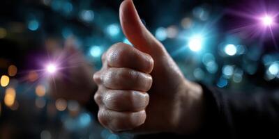 Hand giving thumbs up gesture with colorful lights in the background during a celebration photo