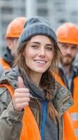 Bright and cheery construction worker gives a thumbs up while wearing an orange safety vest on a busy site during the day photo
