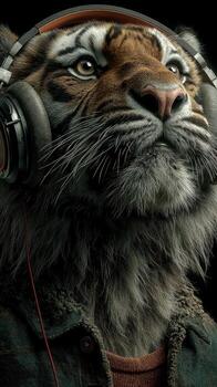 Tiger wearing headphones enjoys music in a studio setting with dramatic lighting photo