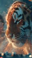 Majestic tiger close-up showcasing intricate fur patterns under dramatic lighting in a natural habitat photo