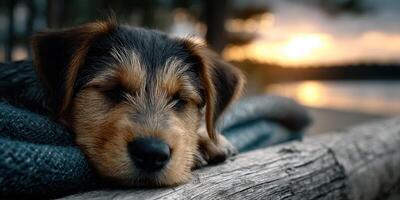 Puppy resting peacefully on a wooden log near a serene lakeside at sunset photo