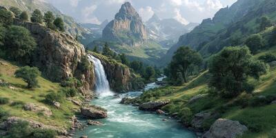 Majestic waterfall cascading down rocky cliffs in a serene valley surrounded by mountains and lush greenery photo