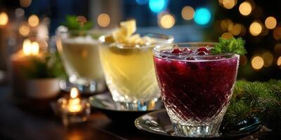 Festive cocktail drinks displayed on a table with a cozy ambiance during a holiday gathering photo