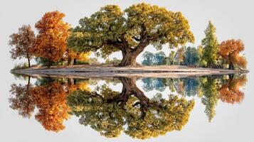 Vibrant autumn trees reflecting on calm water in a serene landscape during early morning light photo
