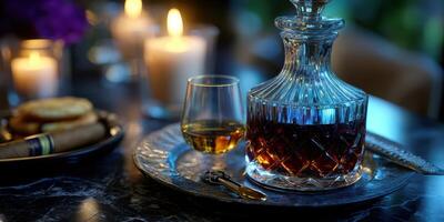 Elegant whiskey decanter and glass set on a dark marble table decorated with candles and snacks for an evening gathering photo