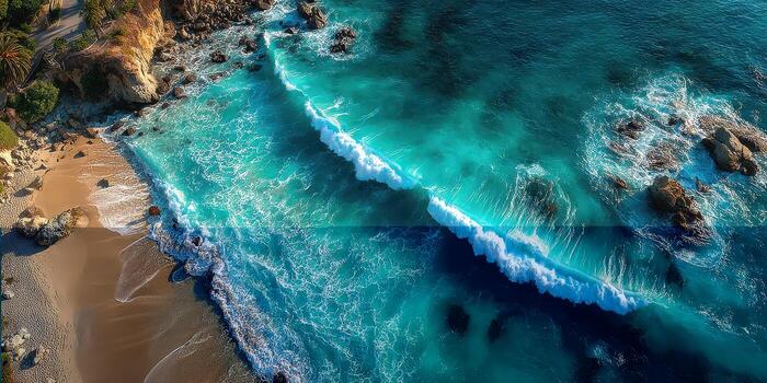 Waves crashing on a sandy beach near cliffs during bright daylight photo