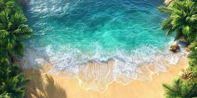 Clear turquoise waves crash on a sandy beach surrounded by lush green palms in a tropical paradise at noon photo