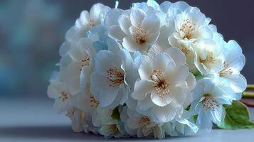 Beautiful bouquet of delicate white flowers arranged elegantly on a table setting in soft natural light photo