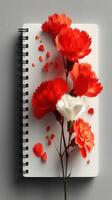 Beautiful red and white flowers arranged artistically on a plain notebook with petals scattered around in soft lighting photo