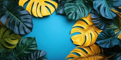 Vibrant tropical leaves create a striking contrast against a blue background for a lively decoration photo