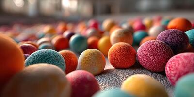 Colorful textured balls scattered across a surface during a vibrant art workshop in a spacious studio photo