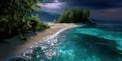 Serene tropical beach with turquoise waters and lush greenery under a cloudy sky at sunset photo