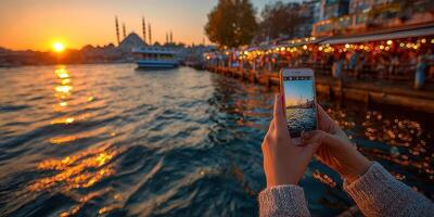 Capturing sunset reflections over the water in Istanbul with a smartphone while enjoying a scenic riverside view photo