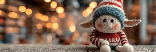 Adorable handmade elf doll with colorful stripes sits on a cozy shelf in a warm, inviting holiday setting photo