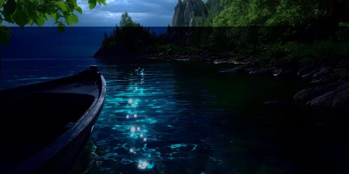 Tranquil boat resting on clear water with shimmering reflections under a cloudy sky in a serene natural landscape photo