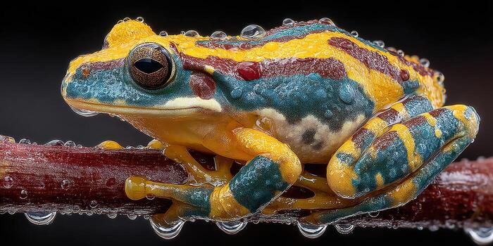 Colorful frog resting on a branch with water droplets in a tropical rainforest during a humid afternoon photo
