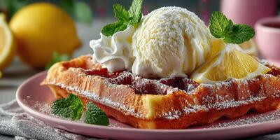 Delicious waffle topped with creamy ice cream and fresh lemon slices served in a cozy cafe setting photo