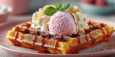 Delicious waffle topped with pink ice cream and whipped cream served on a plate photo