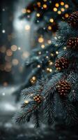 Pine branches adorned with pine cones and glowing lights during a snowy winter night in a forest photo