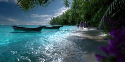 Lush tropical coastline with boats near a gathering of people during a bright day by the ocean photo