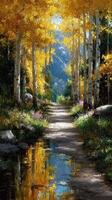 Vibrant autumn pathway lined with aspen trees reflecting in calm water photo