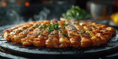 Grilled chicken skewers sizzling on a hot plate at an evening outdoor barbecue gathering photo